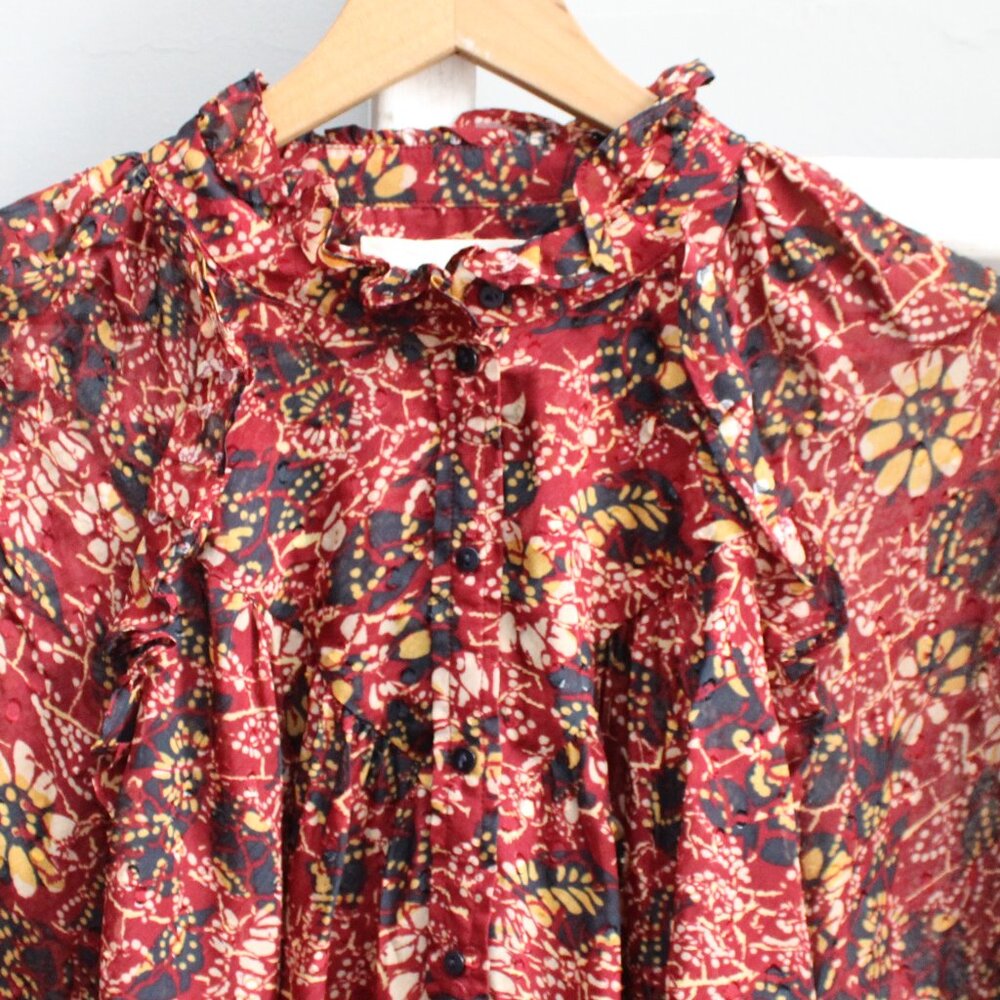 ba&sh Gaelle Sheer Floral Red Yellow Long Sleeve Mock Neck Blouse Size Medium - Picture 5 of 9